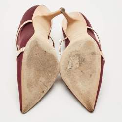 Pre Owned Malone Souliers Burgundy/Rose Gold Satin and Leather Maureen Pointed Toe Mules Size 38.5