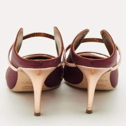 Pre Owned Malone Souliers Burgundy/Rose Gold Satin and Leather Maureen Pointed Toe Mules Size 38.5