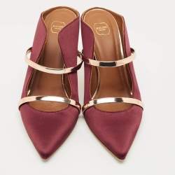 Pre Owned Malone Souliers Burgundy/Rose Gold Satin and Leather Maureen Pointed Toe Mules Size 38.5