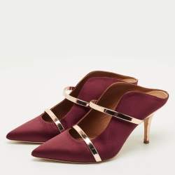 Pre Owned Malone Souliers Burgundy/Rose Gold Satin and Leather Maureen Pointed Toe Mules Size 38.5