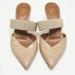 Pre Owned Malone Souliers Beige Croc Embossed Leather Maisie Mules Size 37.5