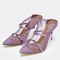 Pre Owned Malone Souliers Purple Leather and Mesh Crystals Embellished Maureen Mules Size 39