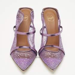 Pre Owned Malone Souliers Purple Leather and Mesh Crystals Embellished Maureen Mules Size 39