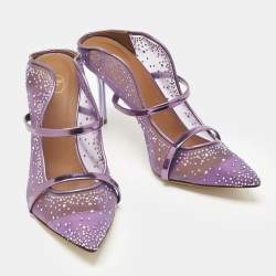 Pre Owned Malone Souliers Purple Leather and Mesh Crystals Embellished Maureen Mules Size 39