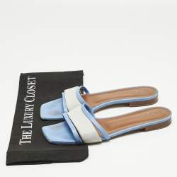 Pre Owned Malone Souliers Grey/Blue Leather And Fabric Flat Slides Size 38