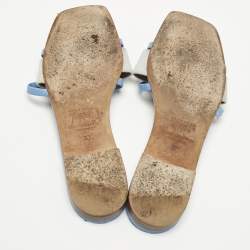 Pre Owned Malone Souliers Grey/Blue Leather And Fabric Flat Slides Size 38