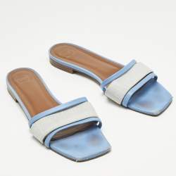 Pre Owned Malone Souliers Grey/Blue Leather And Fabric Flat Slides Size 38