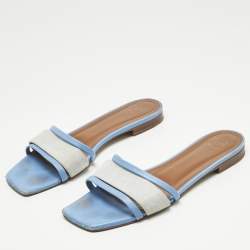 Pre Owned Malone Souliers Grey/Blue Leather And Fabric Flat Slides Size 38