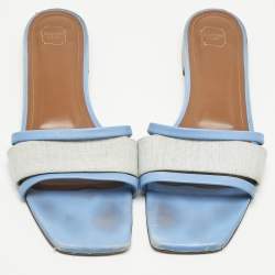 Pre Owned Malone Souliers Grey/Blue Leather And Fabric Flat Slides Size 38