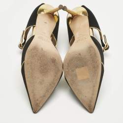 Pre Owned Malone Souliers Black/Gold Leather and Satin Imogen Slide Sandals Size 38