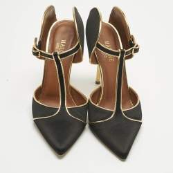 Pre Owned Malone Souliers Black/Gold Leather and Satin Imogen Slide Sandals Size 38