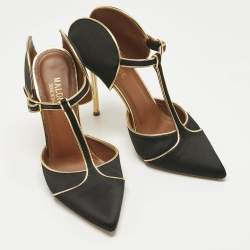 Pre Owned Malone Souliers Black/Gold Leather and Satin Imogen Slide Sandals Size 38