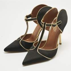 Pre Owned Malone Souliers Black/Gold Leather and Satin Imogen Slide Sandals Size 38