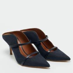 Pre Owned Malone Souliers Navy Blue Fabric and Leather Maureen Mules Size 40