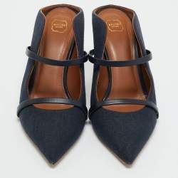 Pre Owned Malone Souliers Navy Blue Fabric and Leather Maureen Mules Size 40