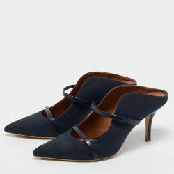 Pre Owned Malone Souliers Navy Blue Fabric and Leather Maureen Mules Size 40