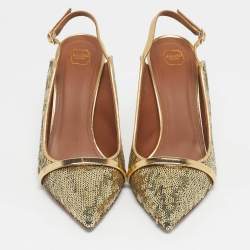 Pre Owned Malone Souliers Gold Leather and Sequins Marion Pumps Size 40