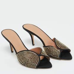Pre Owned Malone Souliers Black Satin Crystal Embellished Grazia Sandals Size 39