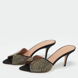 Pre Owned Malone Souliers Black Satin Crystal Embellished Grazia Sandals Size 39