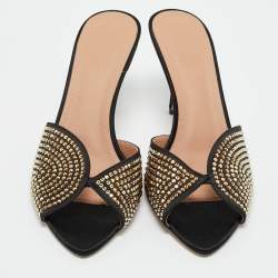 Pre Owned Malone Souliers Black Satin Crystal Embellished Grazia Sandals Size 39