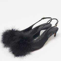 Pre Owned Malone Souliers Black Satin Pom Pom Fur Andrea Slingback Pumps Size 39
