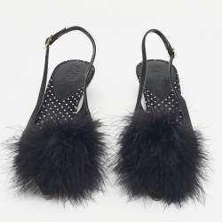 Pre Owned Malone Souliers Black Satin Pom Pom Fur Andrea Slingback Pumps Size 39