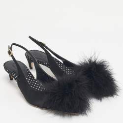 Pre Owned Malone Souliers Black Satin Pom Pom Fur Andrea Slingback Pumps Size 39