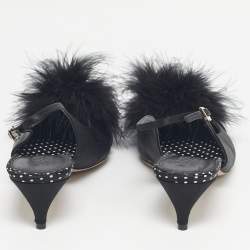 Pre Owned Malone Souliers Black Satin Pom Pom Fur Andrea Slingback Pumps Size 39