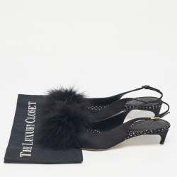 Pre Owned Malone Souliers Black Satin Pom Pom Fur Andrea Slingback Pumps Size 39