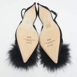 Pre Owned Malone Souliers Black Satin Pom Pom Fur Andrea Slingback Pumps Size 39