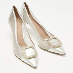 Pre Owned Malone Souliers Silver Leather and Mesh Monroe Pumps Size 40
