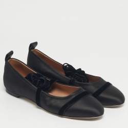 Pre Owned Malone Souliers Black Satin Spncer Ankle Wrap Ballet Flats Size 40