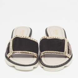 Pre Owned Malone Souliers Brown/Metallic Velvet and Foil Leather Flat Slides Size 36.5