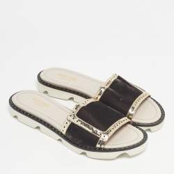 Pre Owned Malone Souliers Brown/Metallic Velvet and Foil Leather Flat Slides Size 36.5