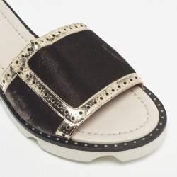 Pre Owned Malone Souliers Brown/Metallic Velvet and Foil Leather Flat Slides Size 36.5