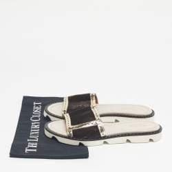 Pre Owned Malone Souliers Brown/Metallic Velvet and Foil Leather Flat Slides Size 36.5