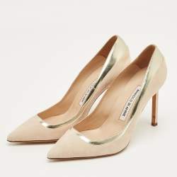 Pre Owned Malone Souliers Cream/Gold Patent Leather and Suede Pointed Toe Pumps Size 36