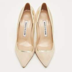 Pre Owned Malone Souliers Cream/Gold Patent Leather and Suede Pointed Toe Pumps Size 36