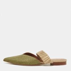 Pre Owned Malone Souliers Green/Beige Leather and Raffia Maisie Mules Size 39.5