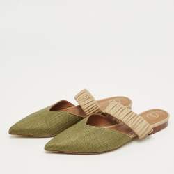 Pre Owned Malone Souliers Green/Beige Leather and Raffia Maisie Mules Size 39.5