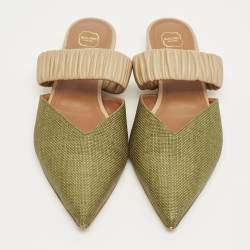 Pre Owned Malone Souliers Green/Beige Leather and Raffia Maisie Mules Size 39.5