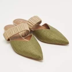 Pre Owned Malone Souliers Green/Beige Leather and Raffia Maisie Mules Size 39.5