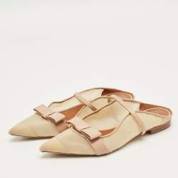 Pre Owned Malone Souliers Beige/Cream Mesh and Leather Maureen Pointed Toe Flat Mules Size 38