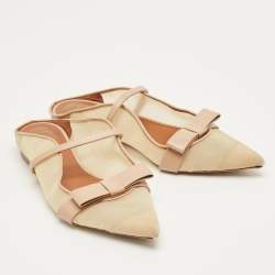 Pre Owned Malone Souliers Beige/Cream Mesh and Leather Maureen Pointed Toe Flat Mules Size 38