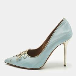 Pre Owned Malone Souliers Blue Canvas Double Bow Pointed Toe Pumps Size 38