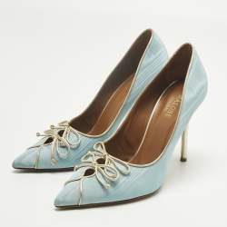 Pre Owned Malone Souliers Blue Canvas Double Bow Pointed Toe Pumps Size 38
