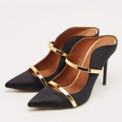 Pre Owned Malone Souliers Black/Gold Leather and Satin Maureen Mules Size 40