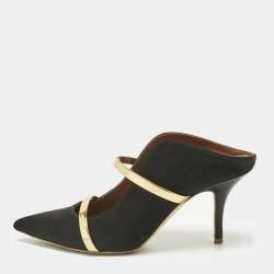 Pre Owned Malone Souliers Black/Gold Leather and Satin Maureen Mules Size 37.5