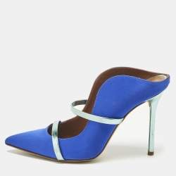 Pre Owned Malone Souliers Blue/Green Leather and Satin Maureen Mules Size 38.5