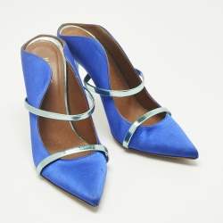 Pre Owned Malone Souliers Blue/Green Leather and Satin Maureen Mules Size 38.5